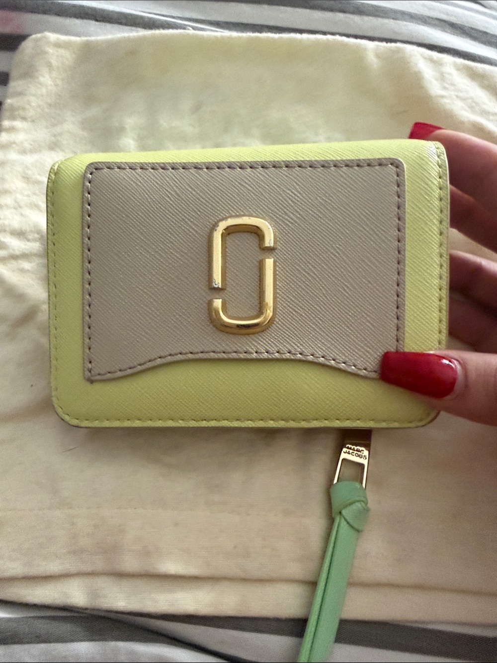 Marc Jacobs Pale Yellow & Cream Compact Wallet with Gold Logo